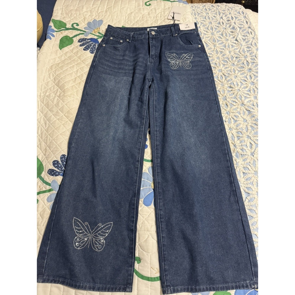 Forever 21 Low Rise Wide-Leg Jeans Medium Wash Blue Denim Rhinestone Butterfly 4